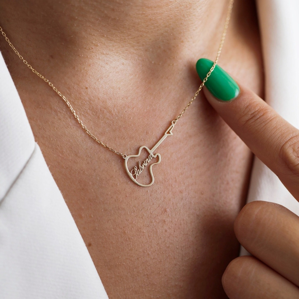 Musical Instrument And Name - Personalisierte Gitarrensymbol Namenskette Mode Instrument Schmuck